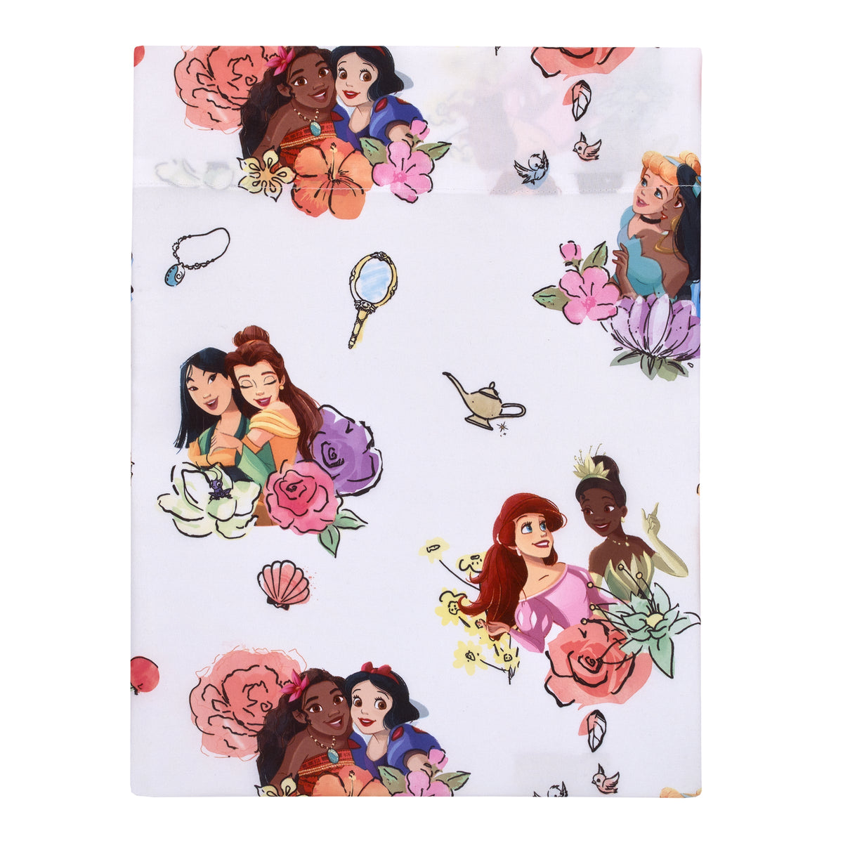 Flat top sheet with scattered Disney princess characters, flowers, and keys on white