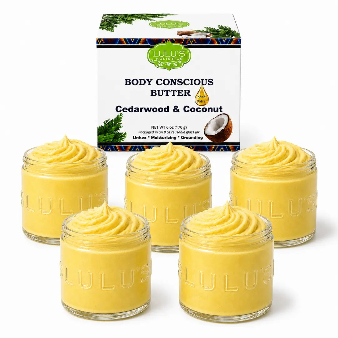 Five jars of Cedarwood & coconut body butter with yellow whipped cream and box