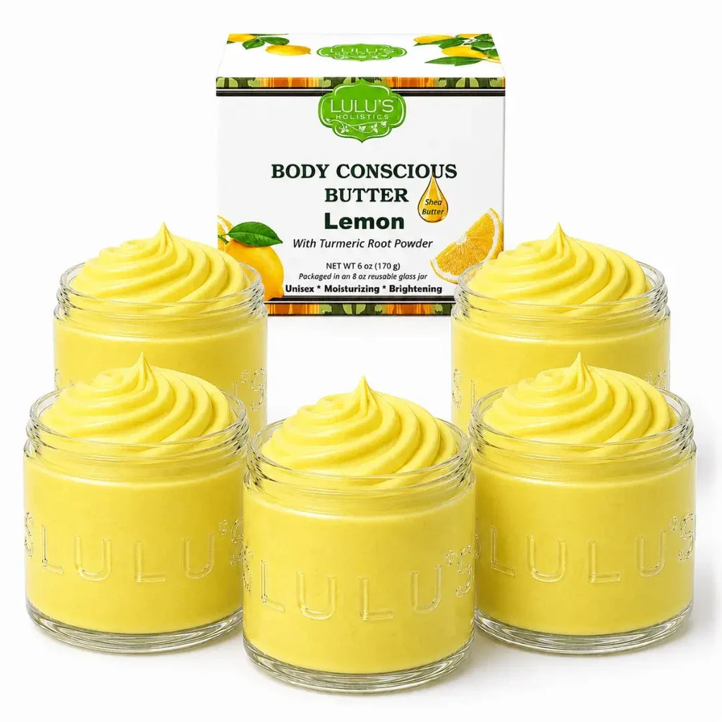 Five jars of Lemon body butter with yellow whipped cream and product box behind