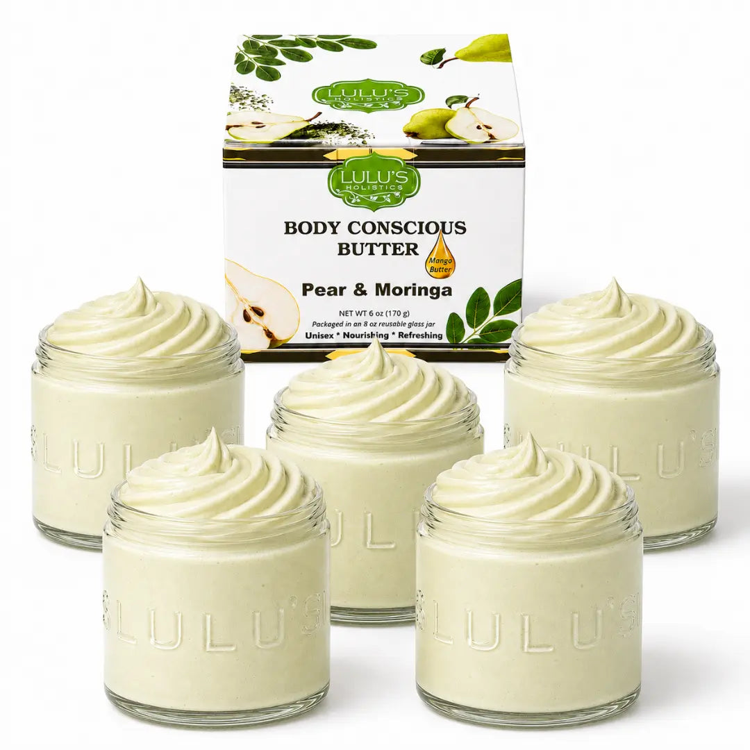 Lulu's Holistics body butter with pear and moringa box, five pale green whipped jars