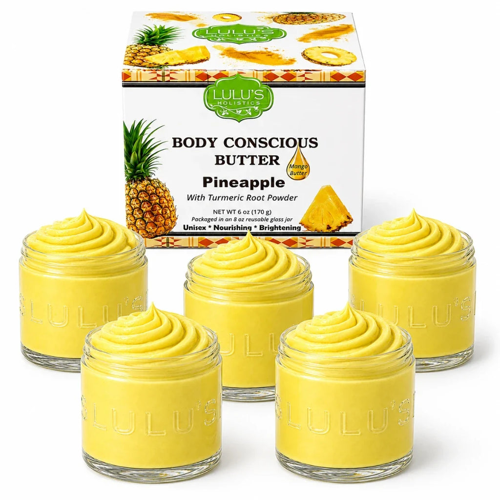 Lulu's Holistics body butter with pineapple box, five yellow whipped butter jars