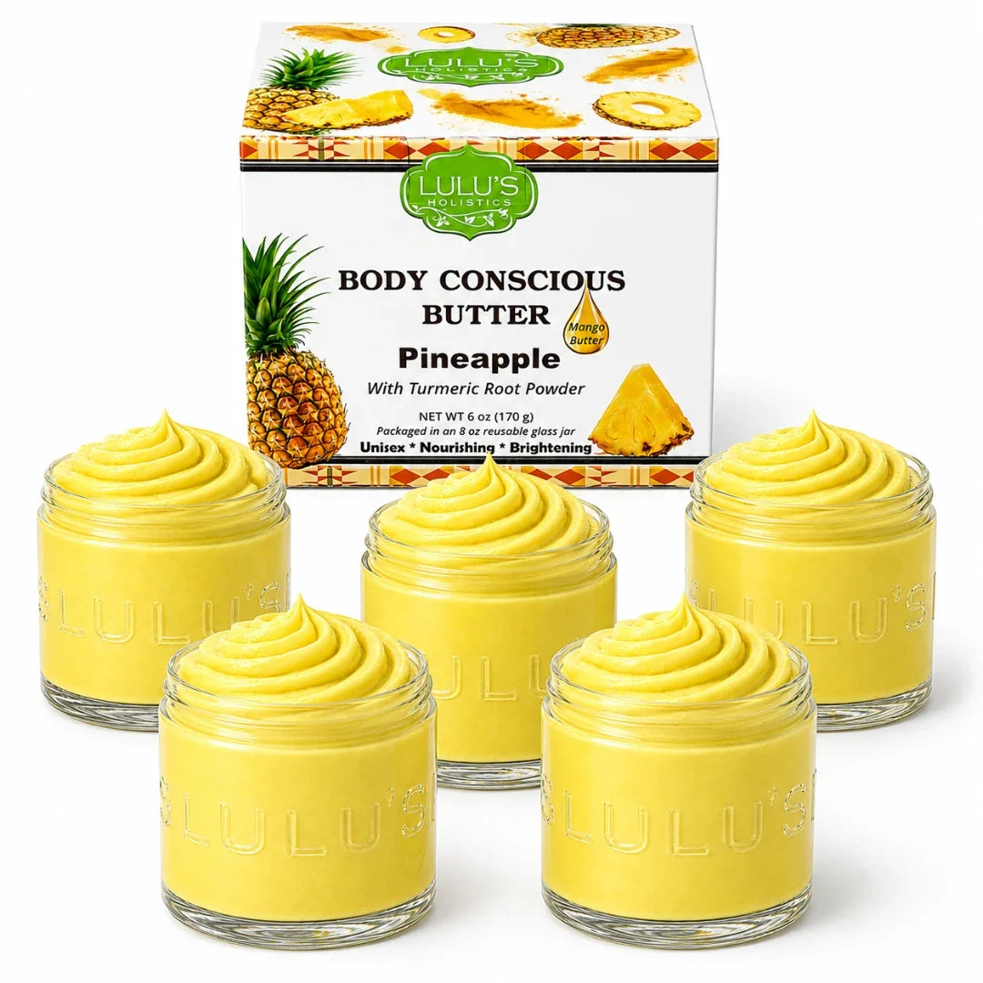 Lulu's Holistics body butter with pineapple box, five yellow whipped butter jars