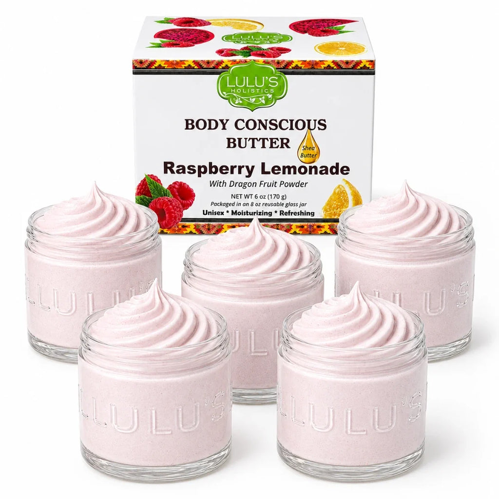Whipped body butter, raspberry lemonade-scented pink, five glass jars with creamy swirl