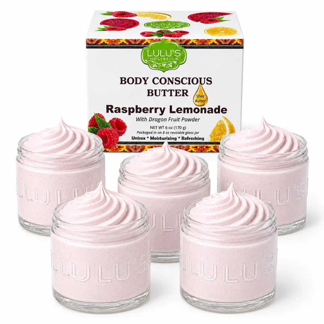 Whipped body butter, raspberry lemonade-scented pink, five glass jars with creamy swirl