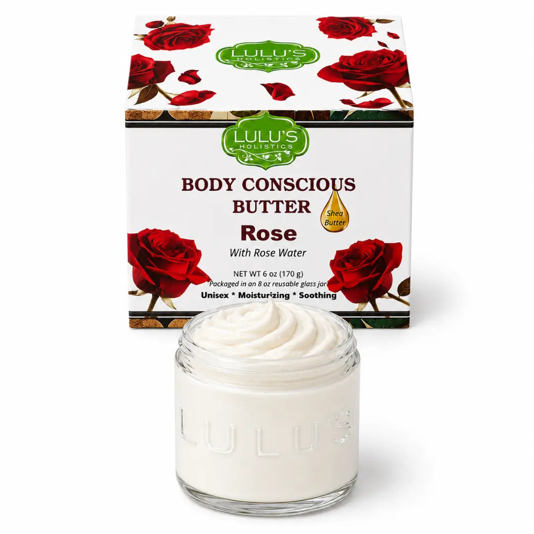 Body conscious butter set: jar of pale cream whipped butter with Rose scent box.
