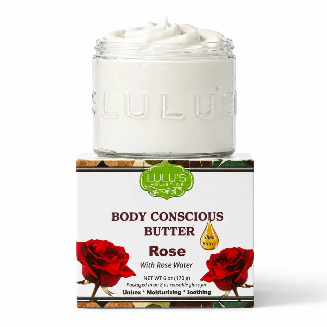 Body conscious butter jar with pale cream whipped body butter and Rose label.