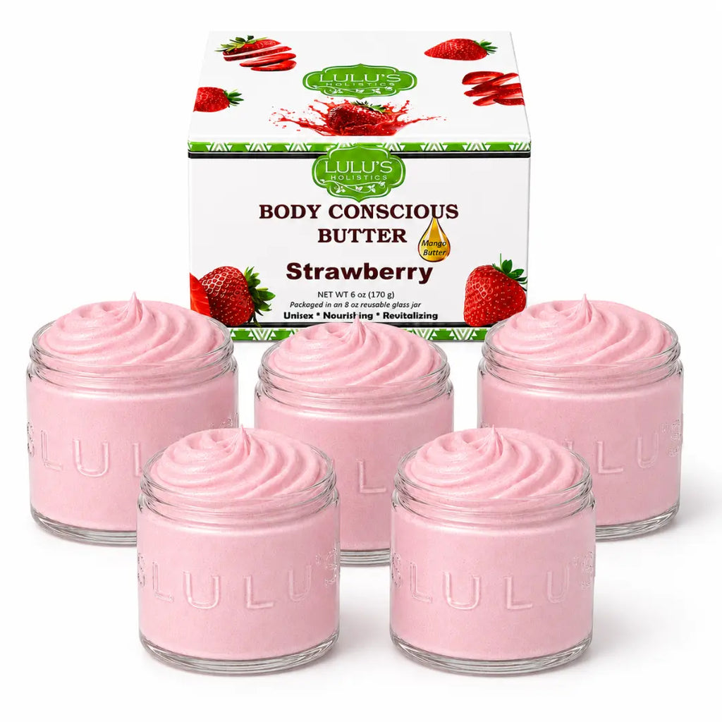 Whipped body butter, strawberry-scented pink, five glass jars with creamy swirl and box
