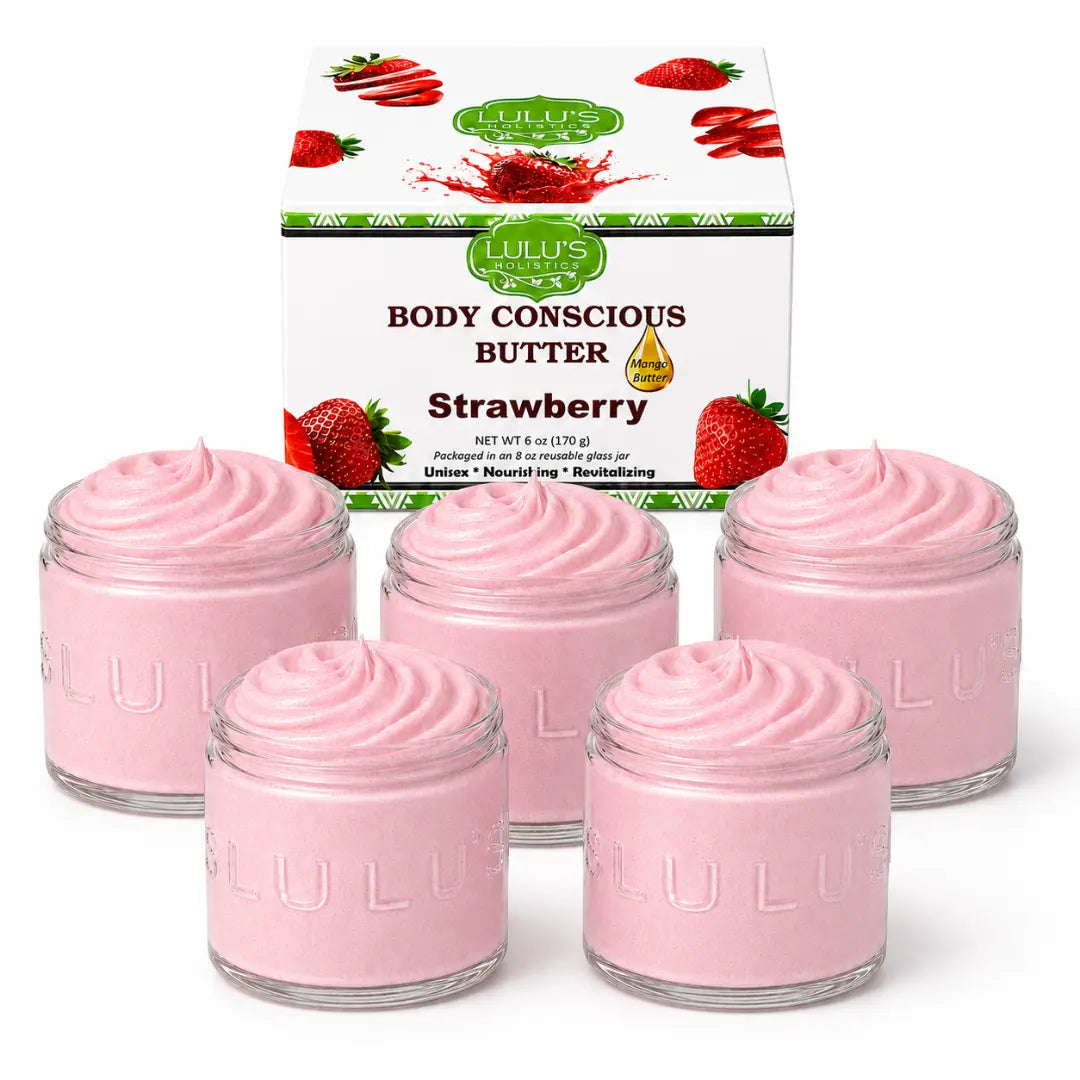 Whipped body butter, strawberry-scented pink, five glass jars with creamy swirl and box