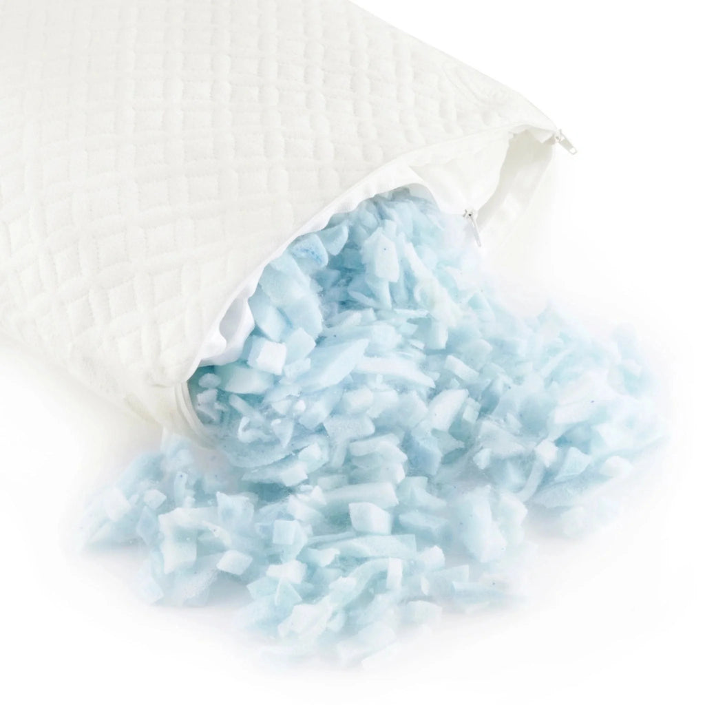 Lumbar pillow with zip opening showing blue cooling gel beads inside