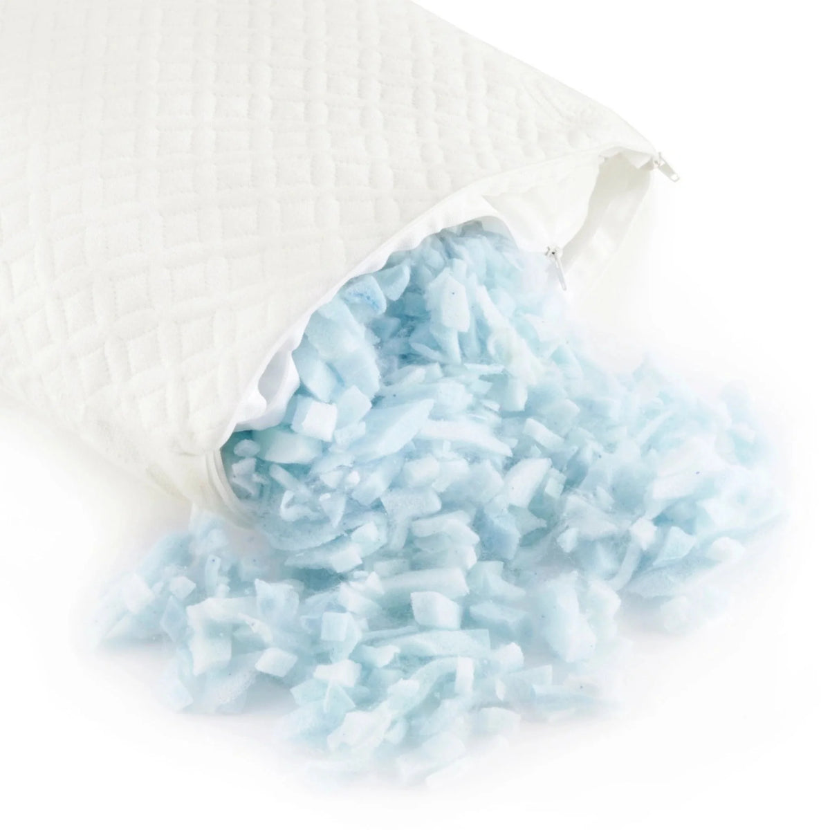 Lumbar pillow with zip opening showing blue cooling gel beads inside