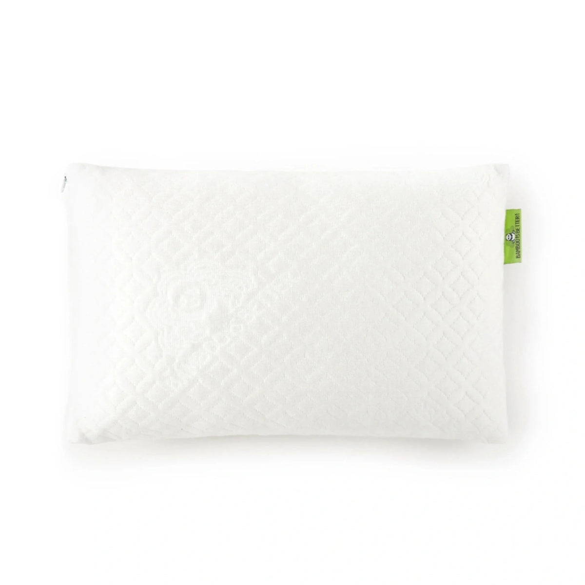 White lumbar cooling pillow with diamond texture and visible zipper tag