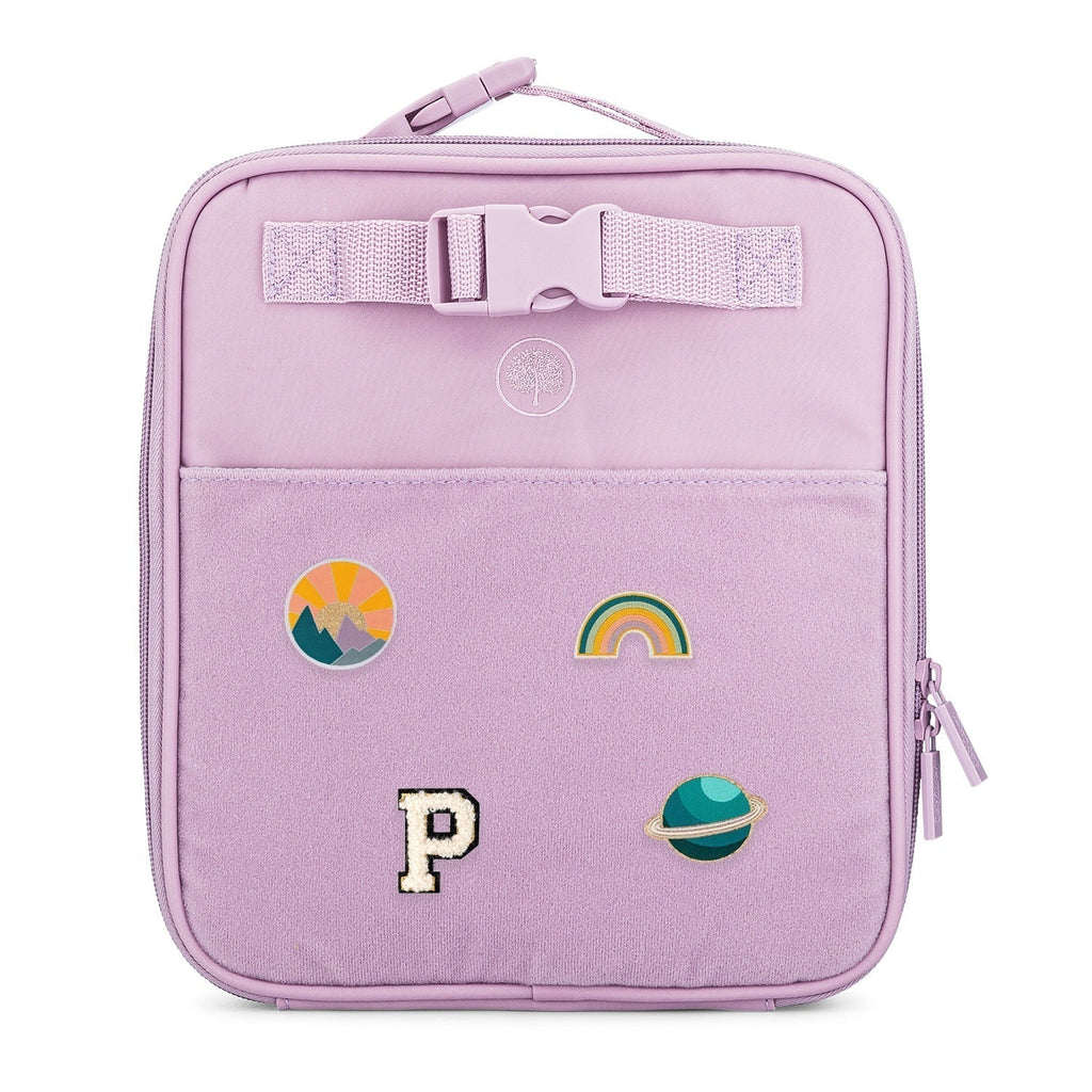 Lilac kids lunch box with stitched patches, zipper closure, and top carry handle