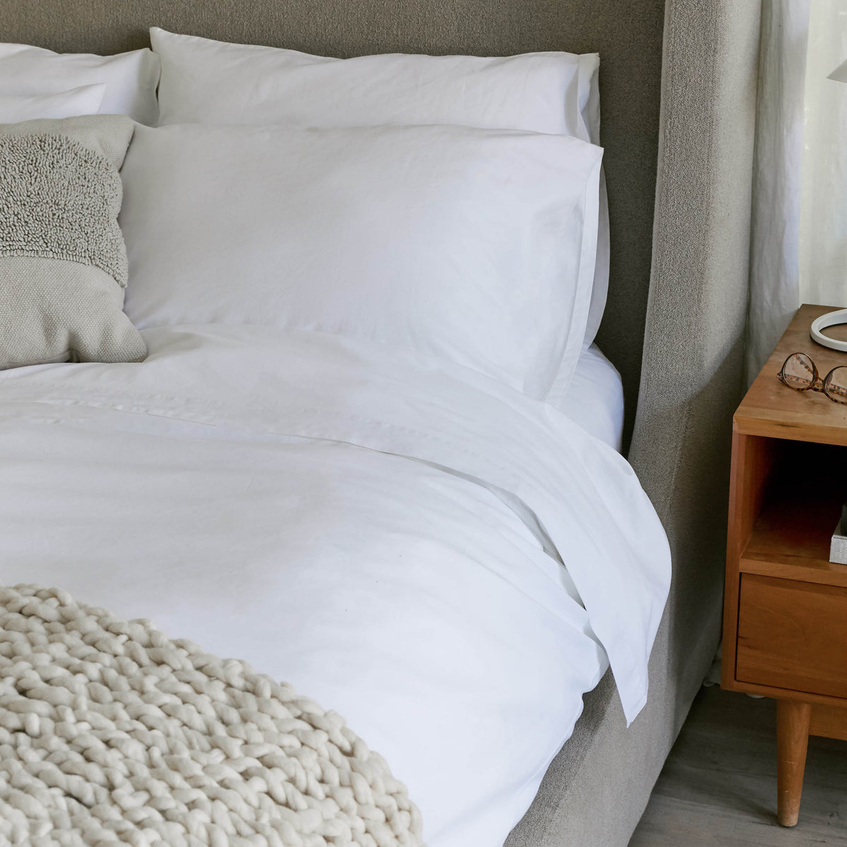 White sateen sheet set with pillowcase and flat sheet, crisp smooth fabric