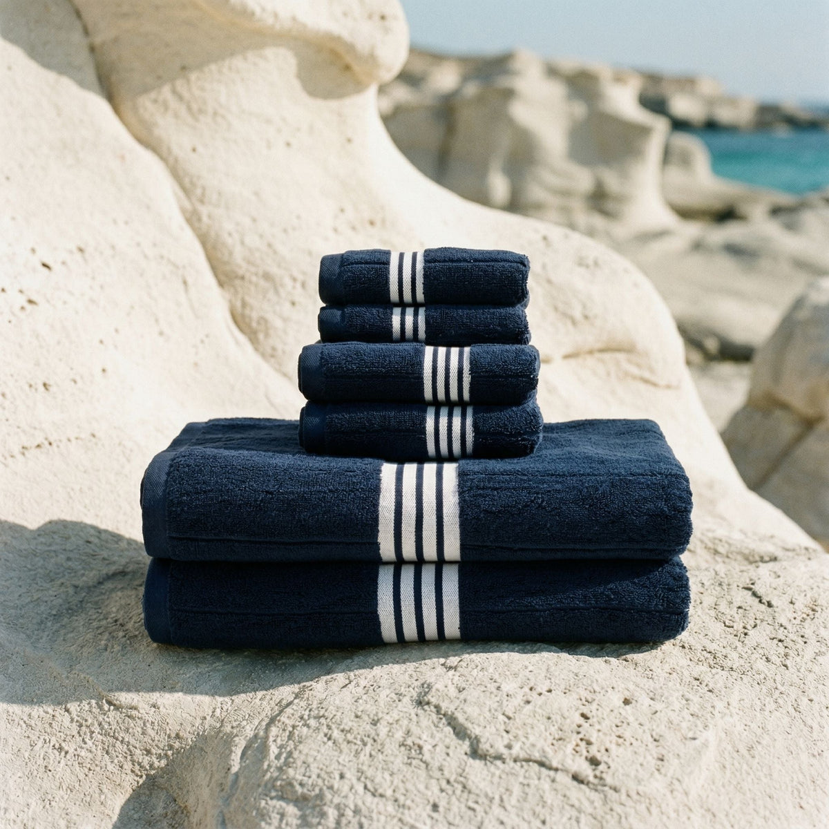 Cotton bath towels, navy with white striped bands
