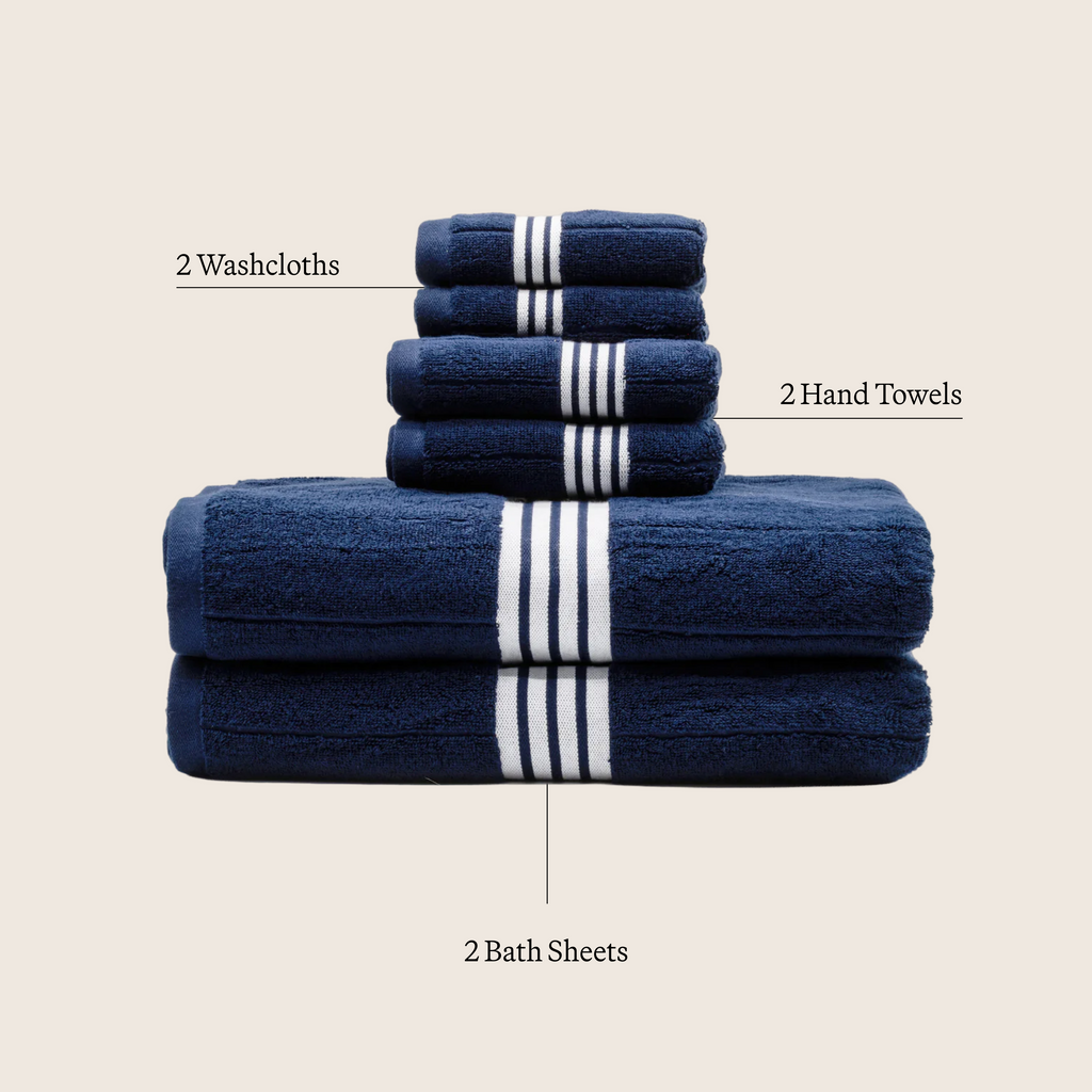 Navy cotton towel set with white striped bands: washcloths, hand towels, bath sheets