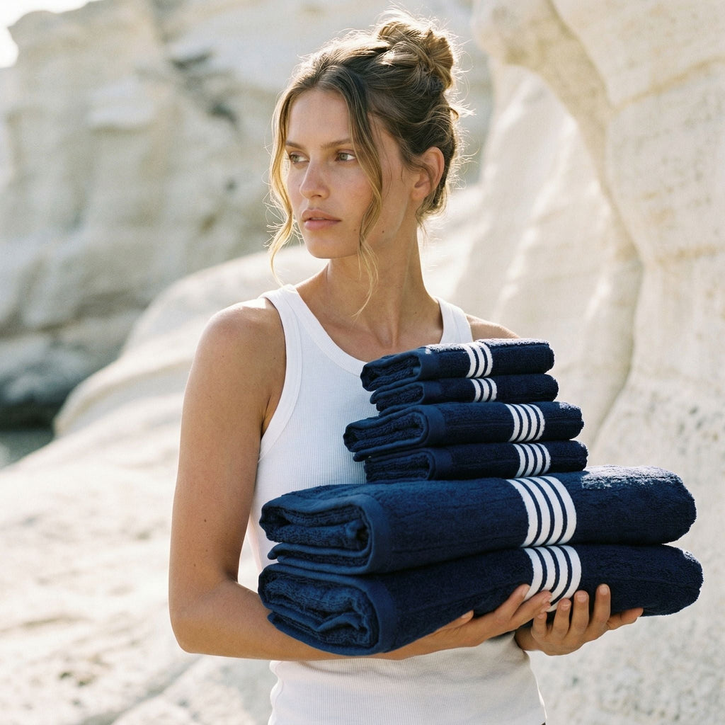 Cotton bath towels stack, navy with white stripe bands