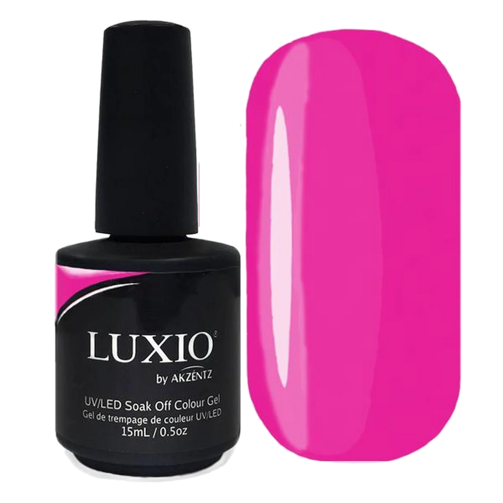 UV/LED soak-off gel polish bottle with fuchsia color swatch