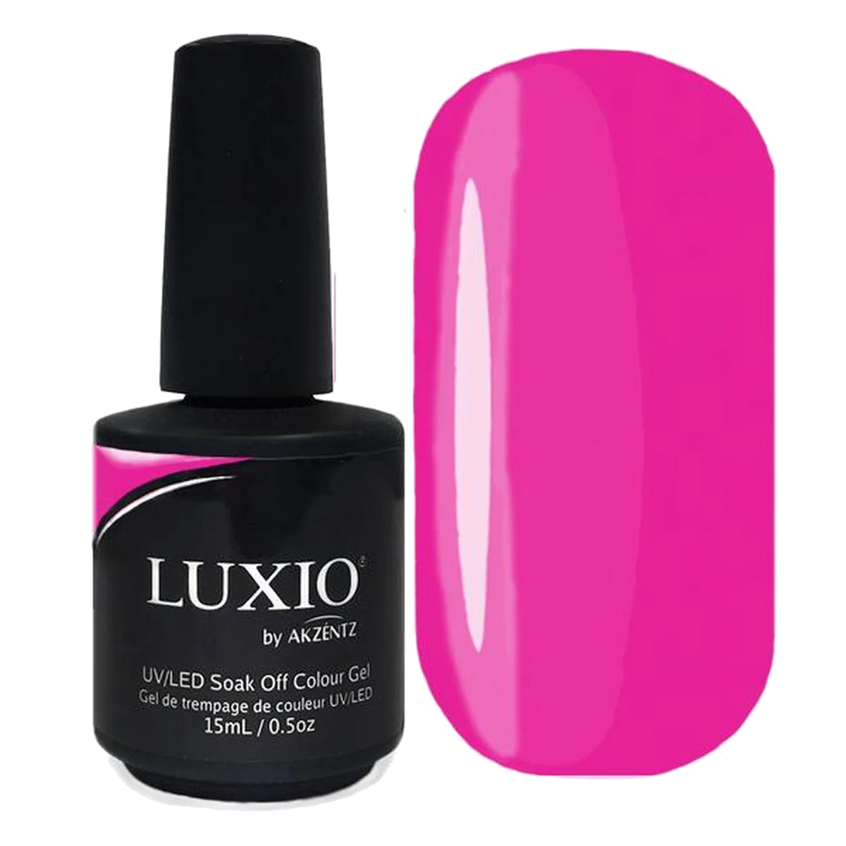 UV/LED soak-off gel polish bottle with fuchsia color swatch
