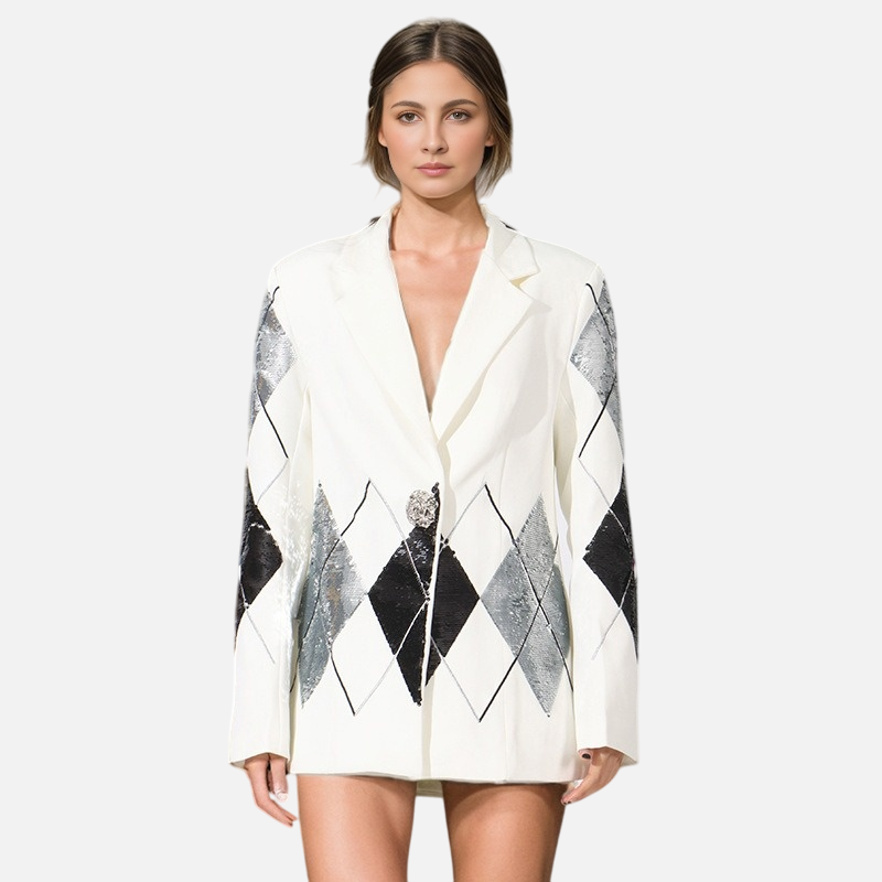 Women’s one-button blazer jacket in white with black and silver argyle sequin patchwork