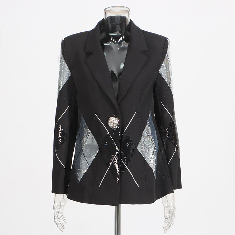 Women’s one-button blazer jacket in black with silver sequin argyle patchwork and gem button
