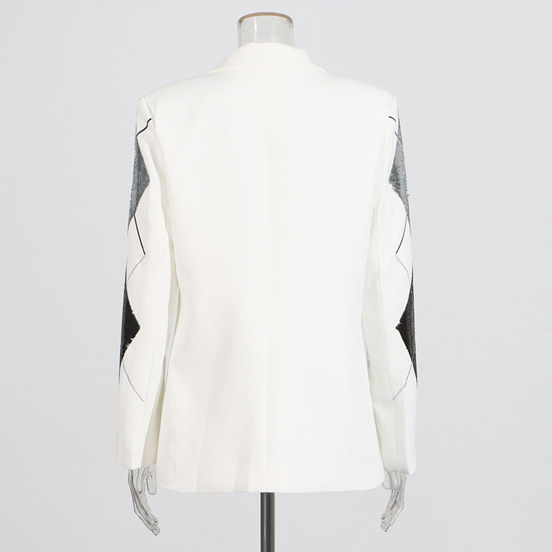 Women’s one-button blazer jacket back view: white with black and silver argyle sequin pattern