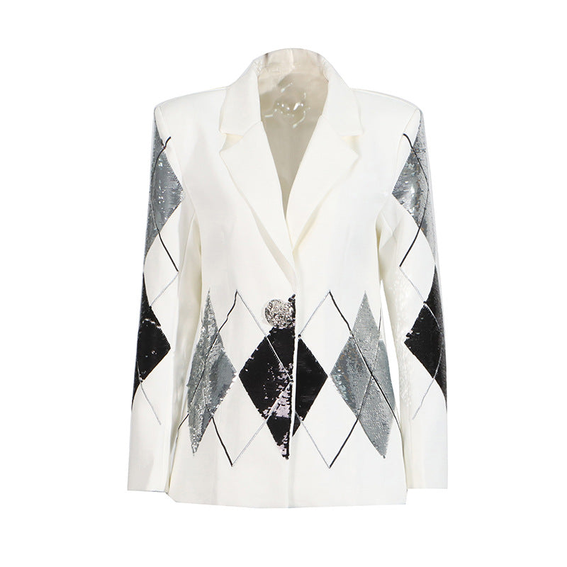Women’s one-button blazer jacket front with point collar; white with black and silver argyle sequins