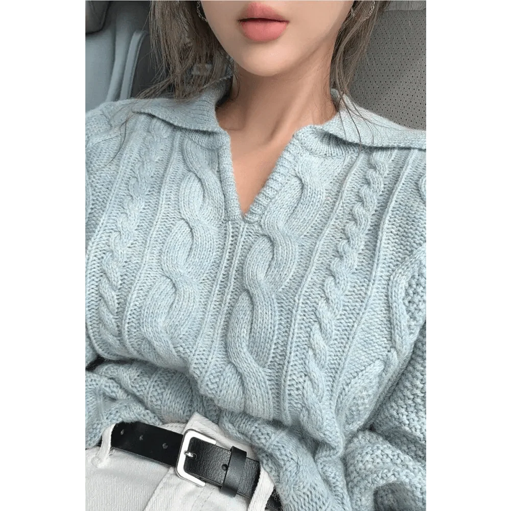 Women's cable-knit pullover sweater with turn-down collar, light blue