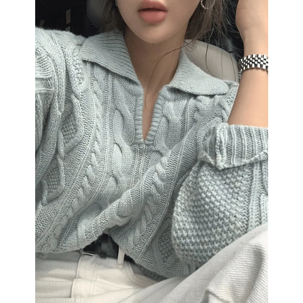 Women's cable-knit pullover sweater with turn-down collar, light blue