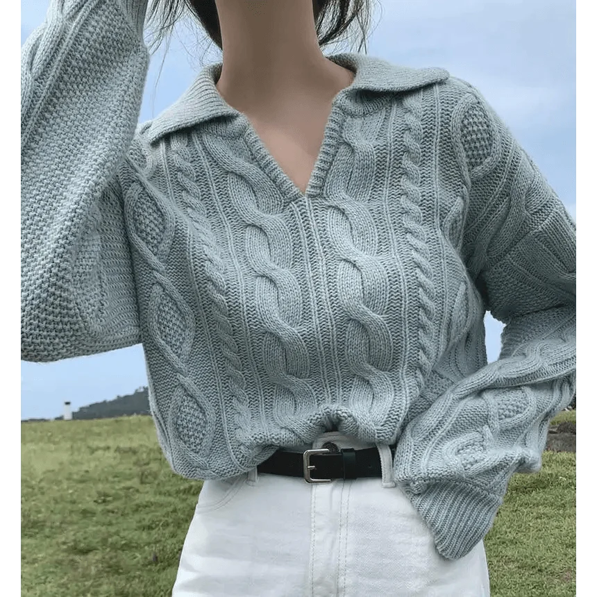 Women's cable-knit pullover sweater with turn-down collar, light blue