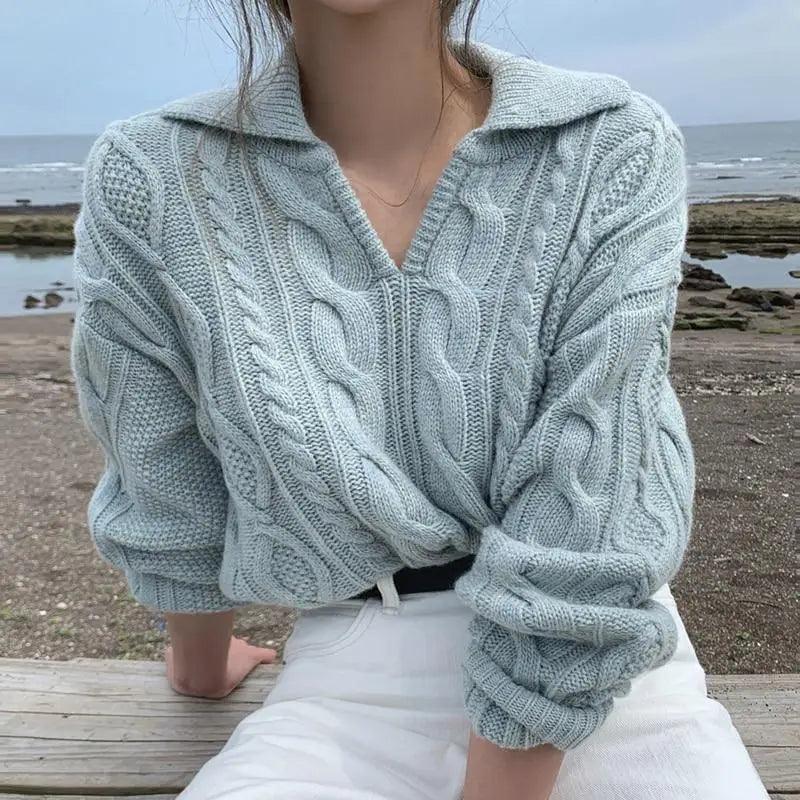 Women's cable-knit pullover sweater with turn-down collar, light blue