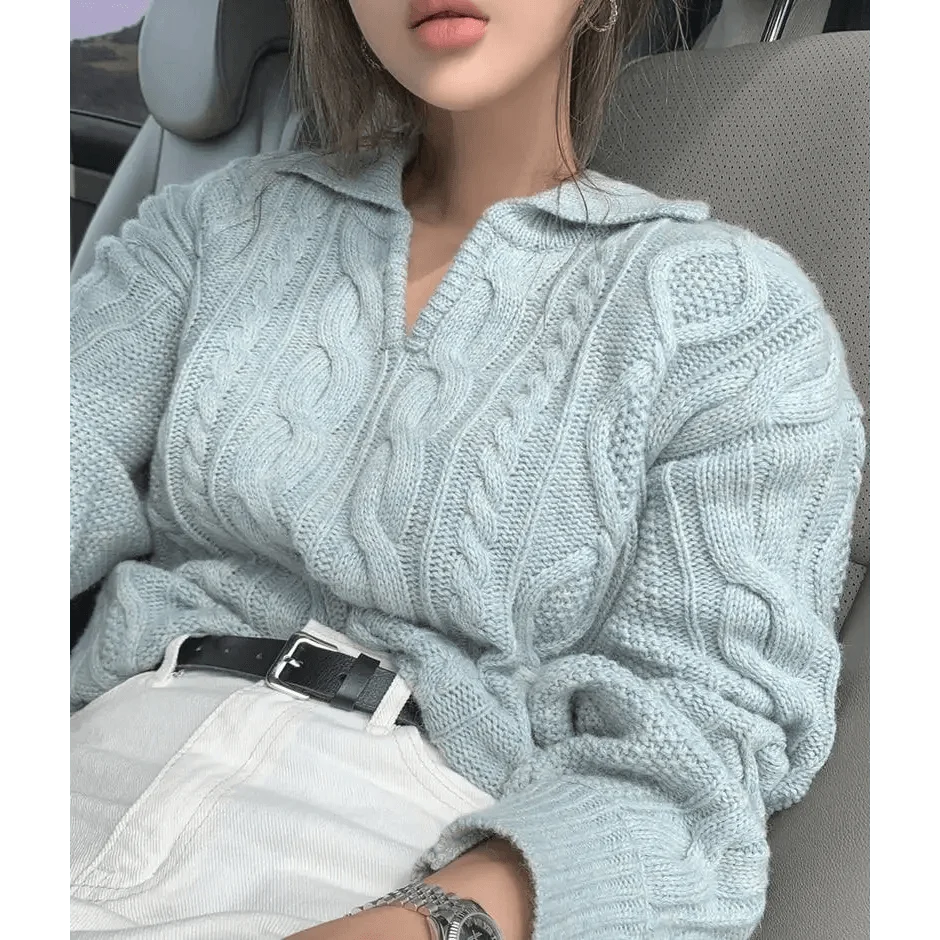 Women's cable-knit pullover sweater with turn-down collar, light blue