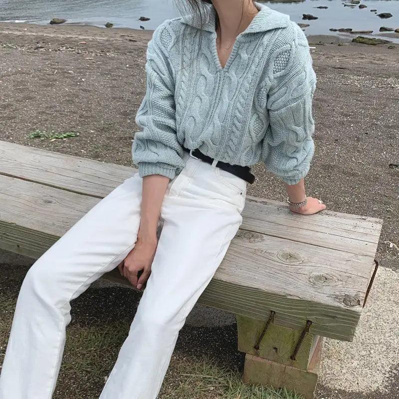 Women's cable-knit pullover sweater with turn-down collar, light blue