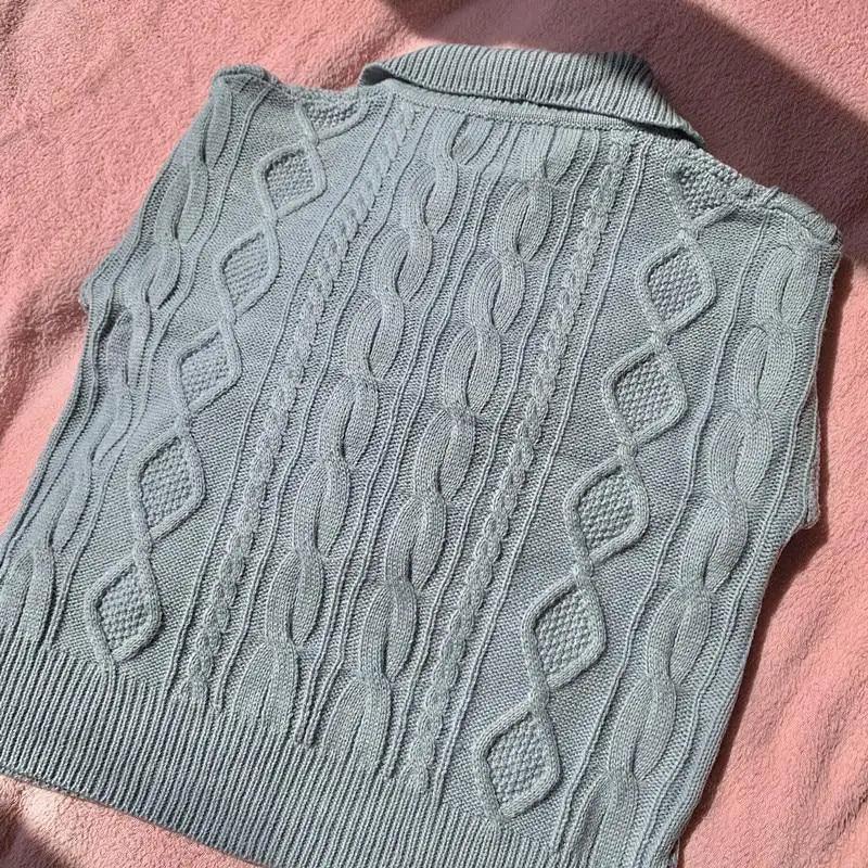 Women's cable-knit pullover sweater with turn-down collar, light blue