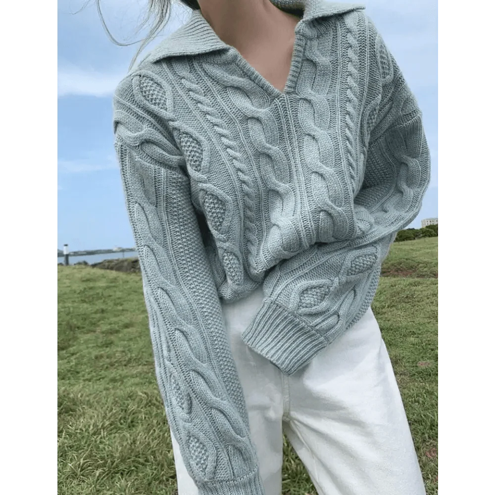 Women's cable-knit pullover sweater with turn-down collar, light blue