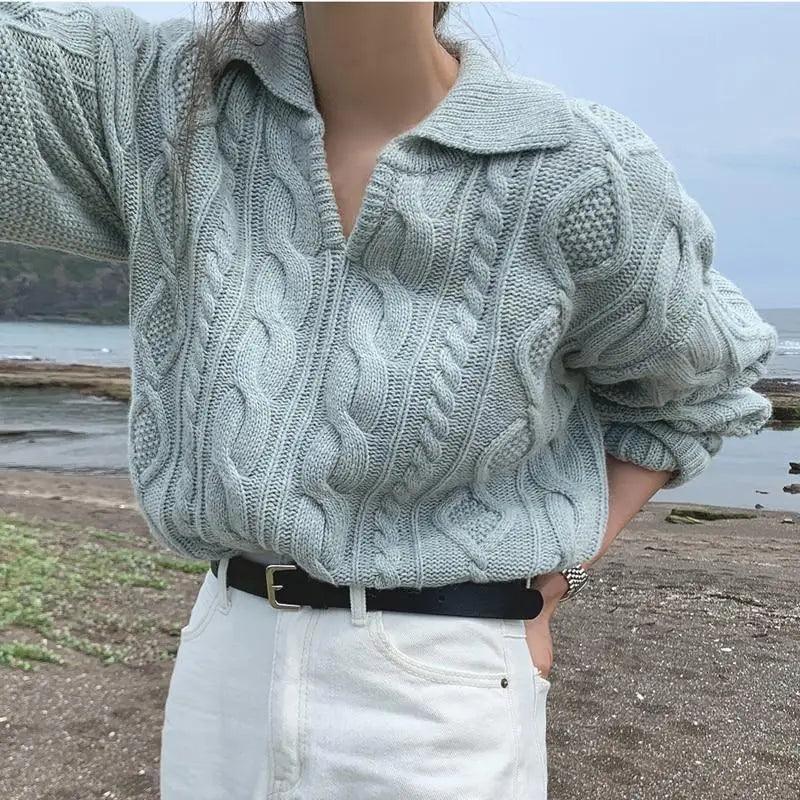 Women's cable-knit pullover sweater with turn-down collar, light blue