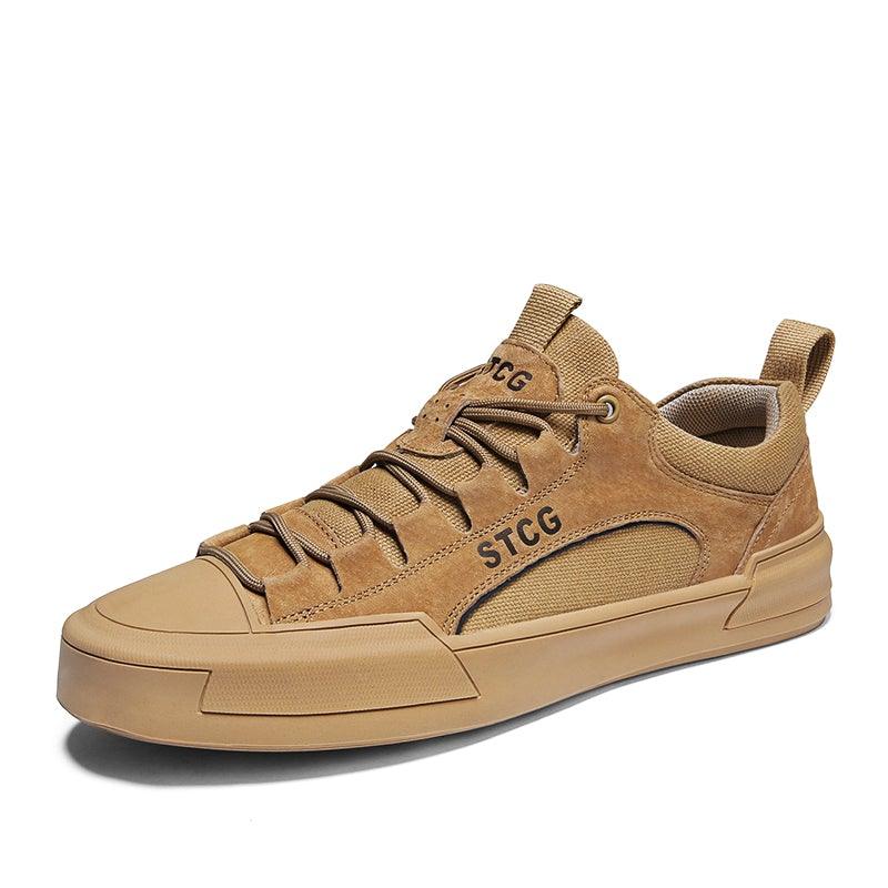 Men's brown-tan lace-up sneakers with side logo and rubber sole