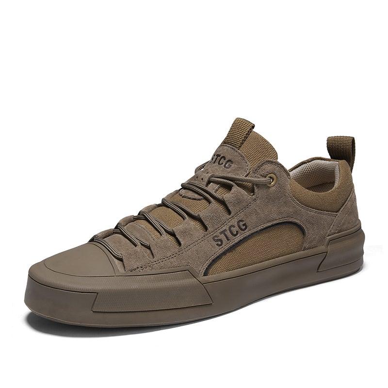 Men's dark tan lace-up sneakers, side view with STCG on upper