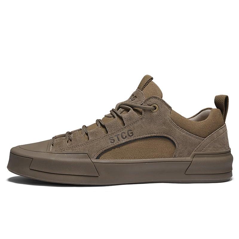 Men's tan lace-up sneakers, side profile with STCG logo panel