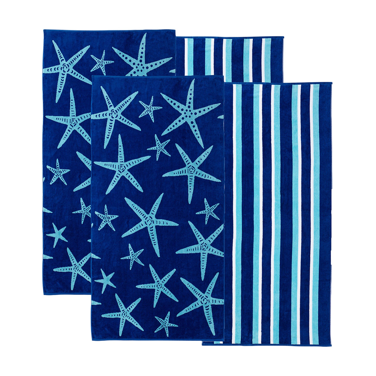Cotton velour beach towels in dark blue with starfish pattern and vertical stripes