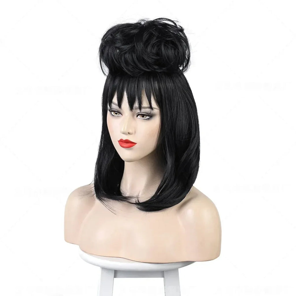 Black curly hair wig with side volume, straight bangs, and red lipstick on mannequin