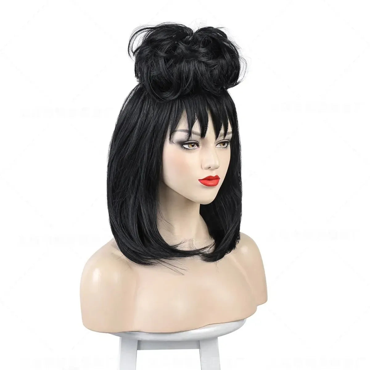 Black bob wig with straight bangs and swept-up top styling on a mannequin head