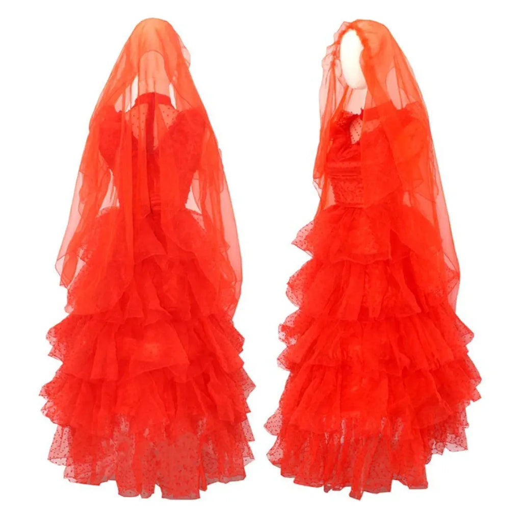 Red tulle ruffle wedding-style costume dress with tiered skirt and layered bodice