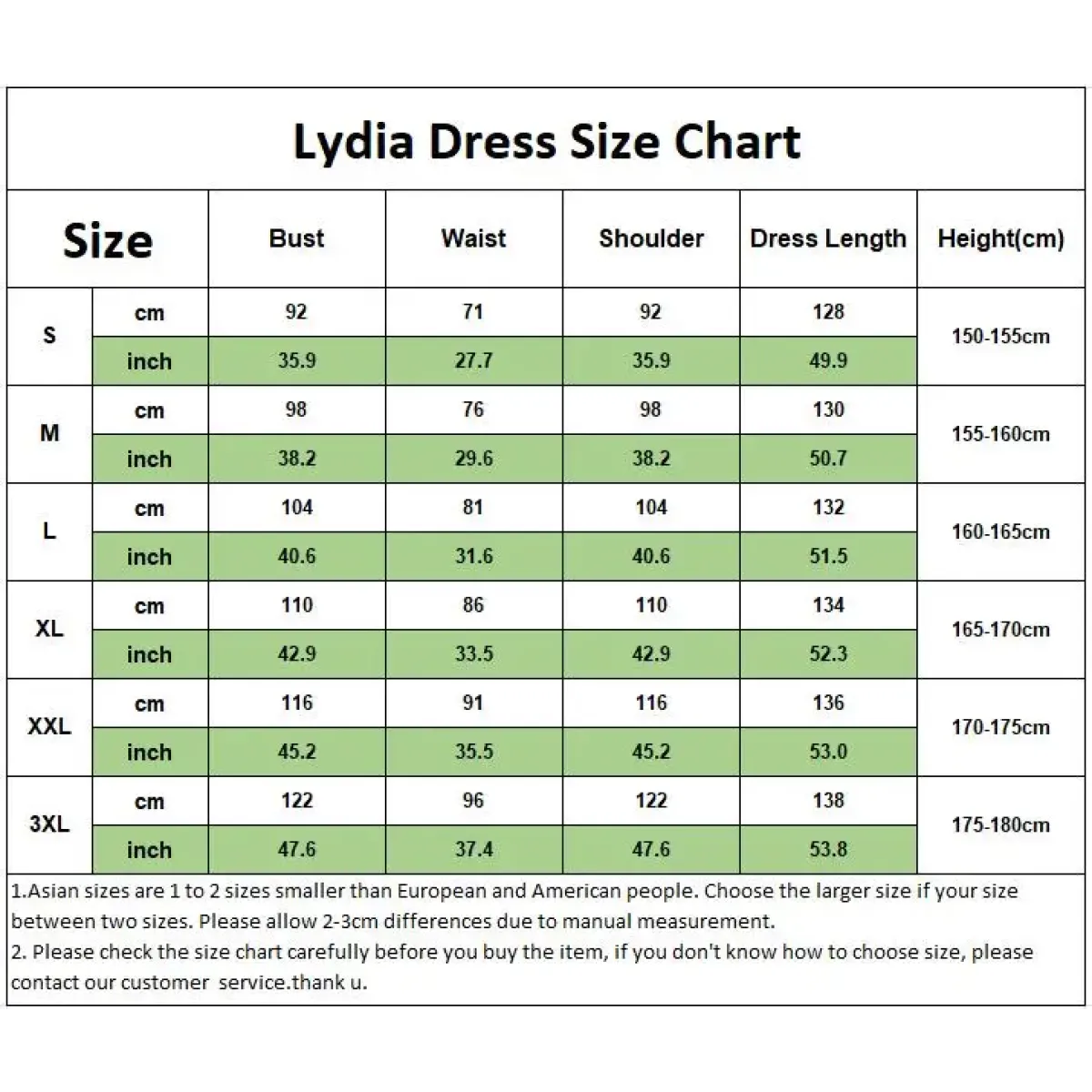 Lydia dress size chart showing bust, waist, shoulder, and dress length by size
