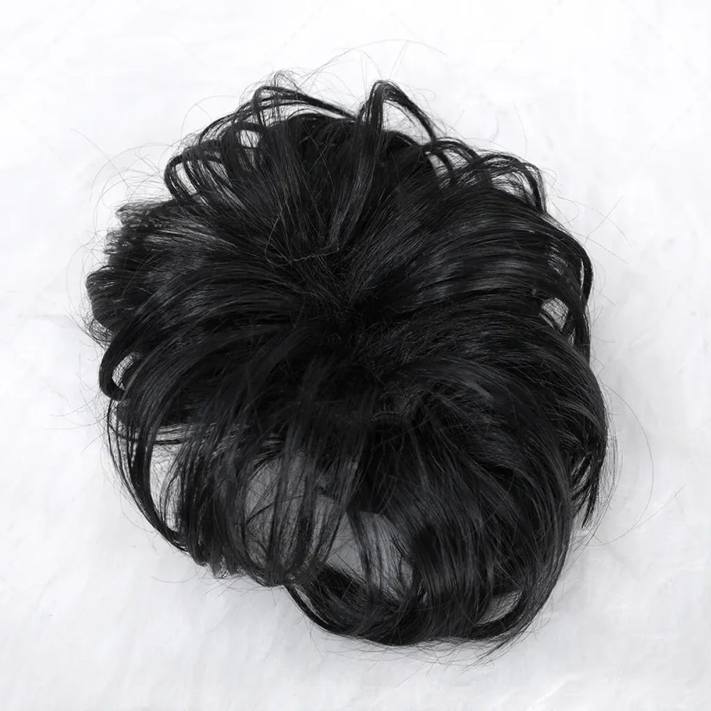 Black wig bun with textured curls and smooth rounded top