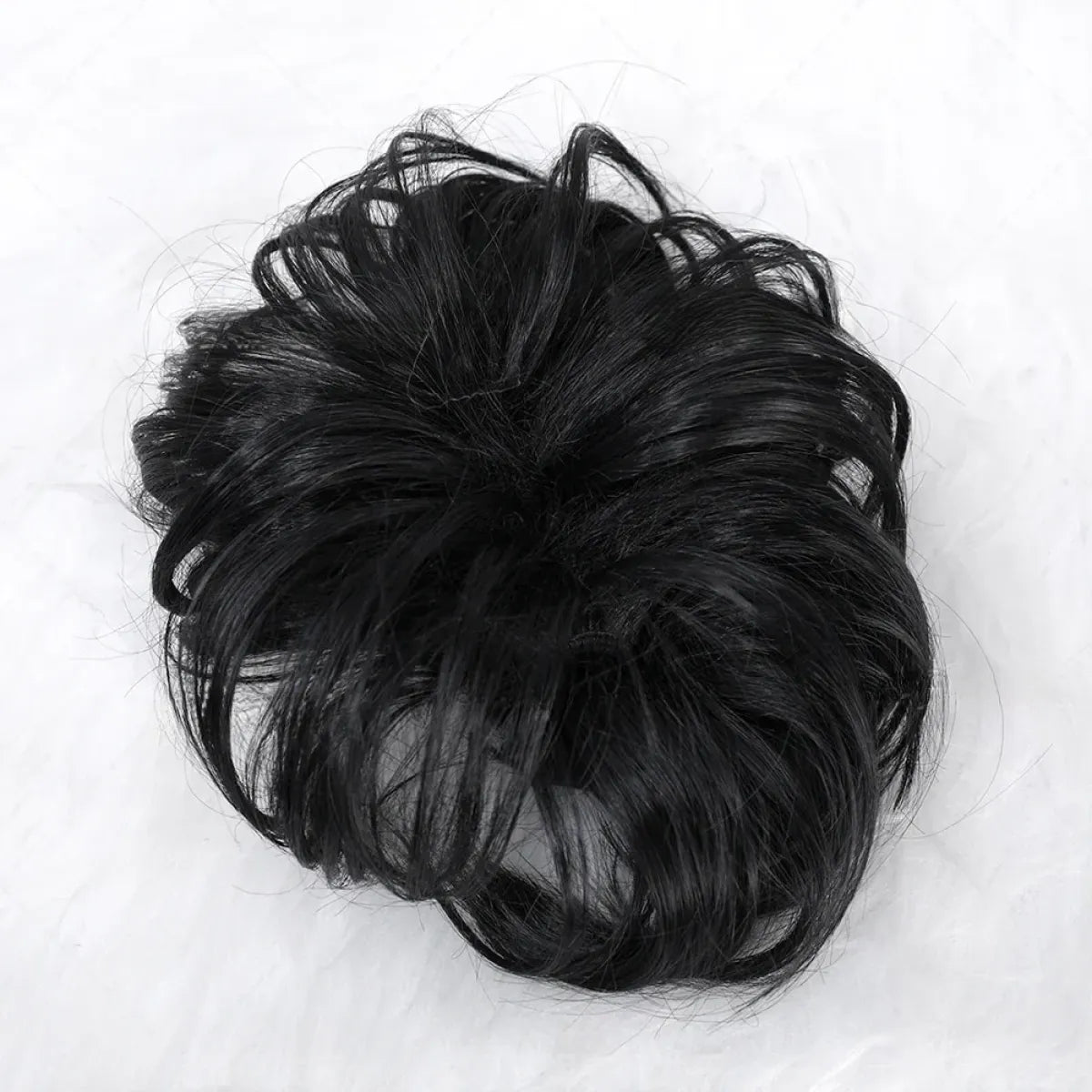 Black wig bun with textured curls and smooth rounded top