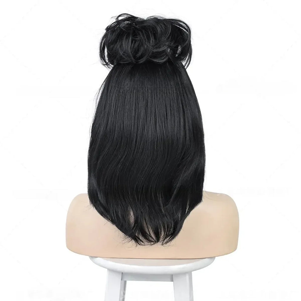 Black wig with long straight top and rounded back, shown from the rear