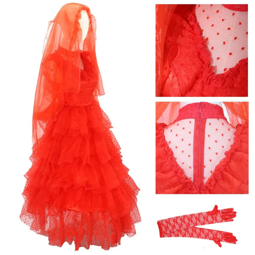 Red layered tulle wedding-style costume dress with long sleeves and tiered ruffles