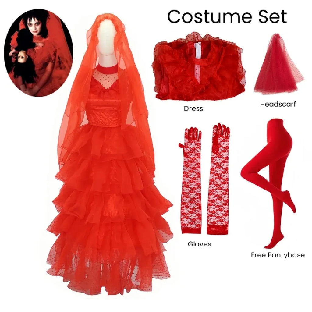 Red costume set with layered tulle dress, headscarf, gloves, and free pantyhose