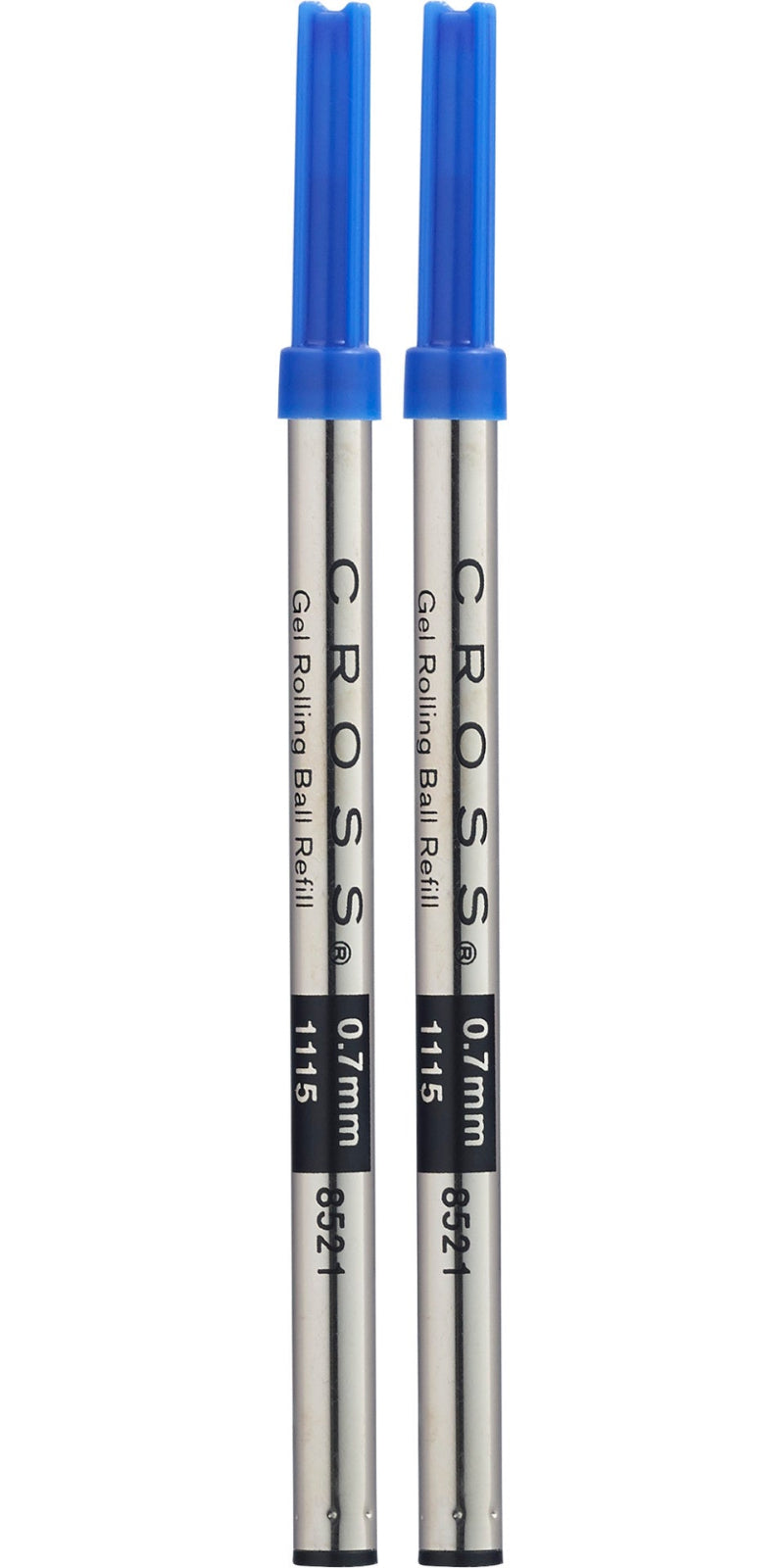 Pair of blue rollerball gel refills with silver barrels and blue caps, 0.7 mm