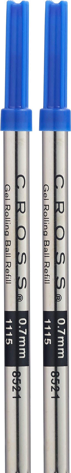 Close-up of two Selectip gel refill barrels with blue caps, medium 0.7 mm